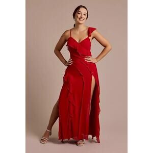 Davids Bridal Womens Size 11 Red Ruffle Chiffon Gown Bold Romantic Feminine Gala